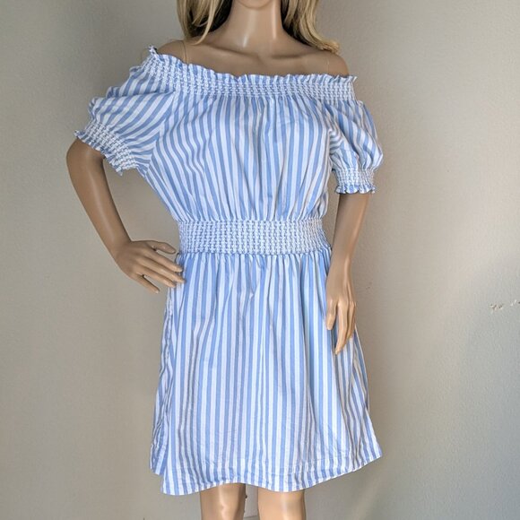 J Crew Mini Dress Women's Medium Blue White Stripe Off-Shoulder Smocked Poplin - Picture 5 of 14